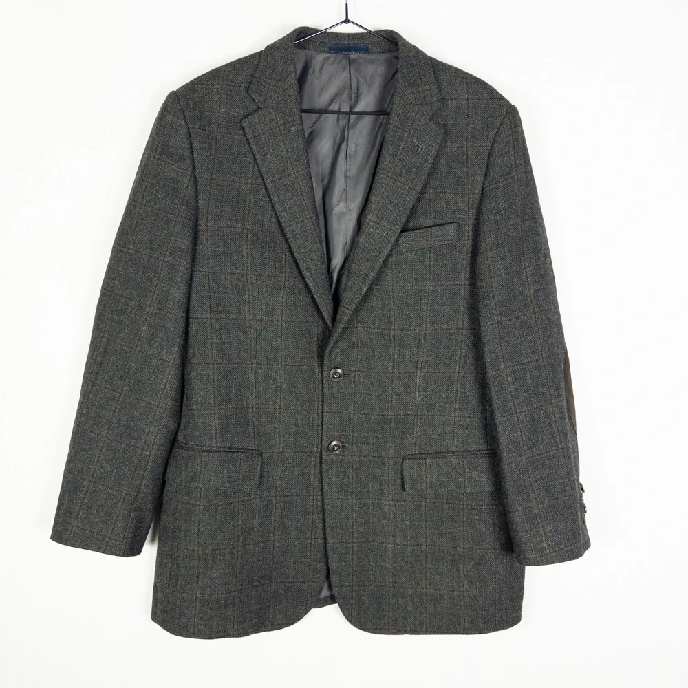 Jos A Bank 1905 Wool Blazer Mens 42R Green Windowpane Plaid Elbow Patch Heritage